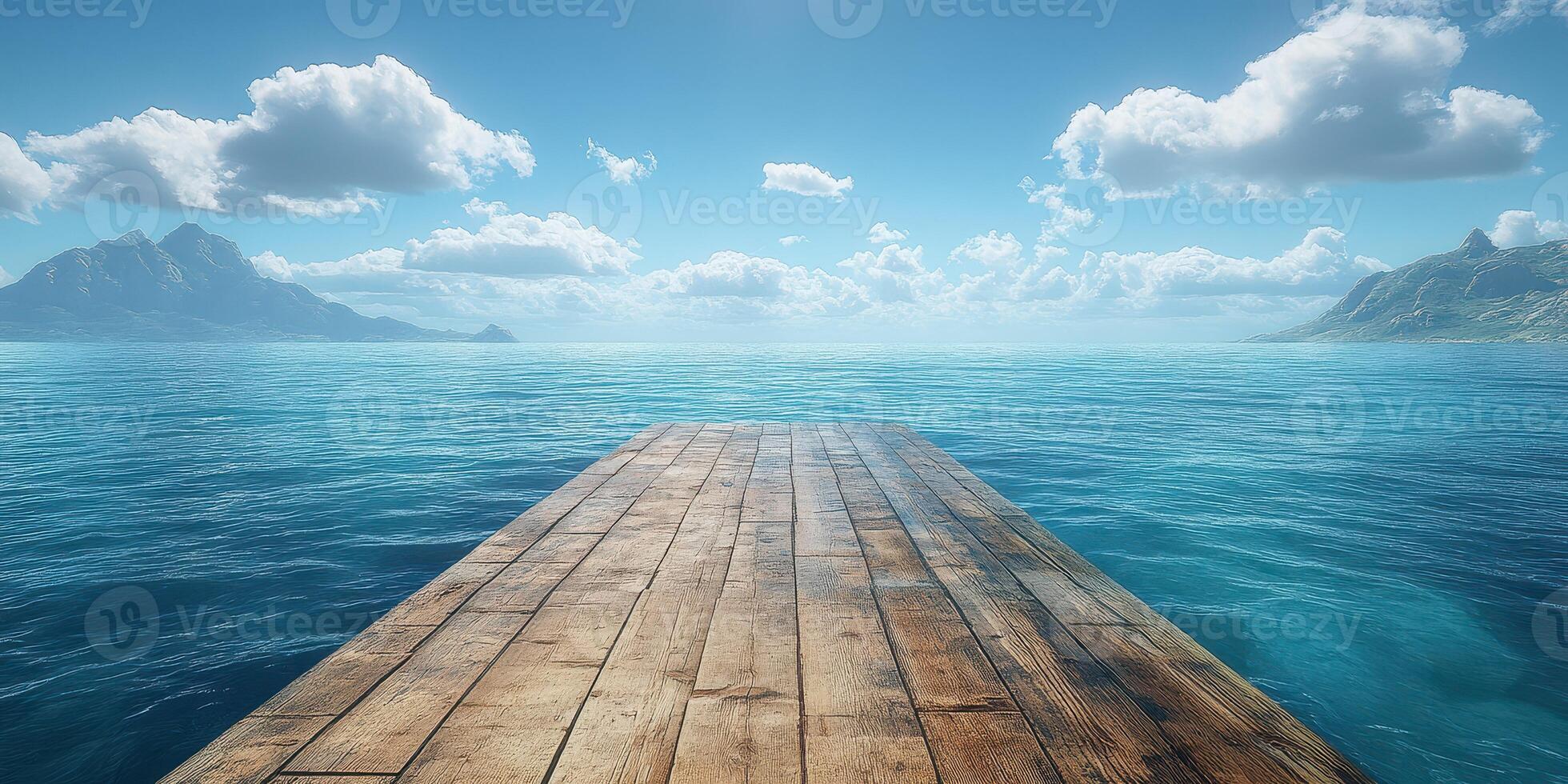 Calm wooden dock extends into serene blue water under a clear sky with fluffy clouds in a peaceful coastal setting photo