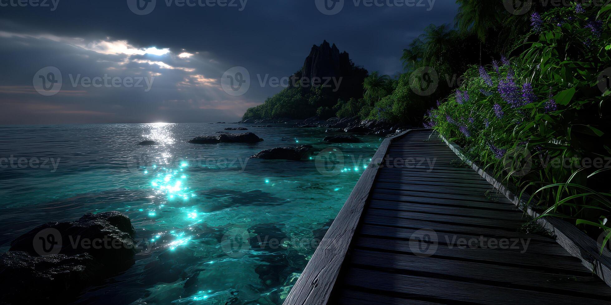 Stunning coastal view at twilight showcasing wooden pathway and sparkling waters in a serene tropical environment photo