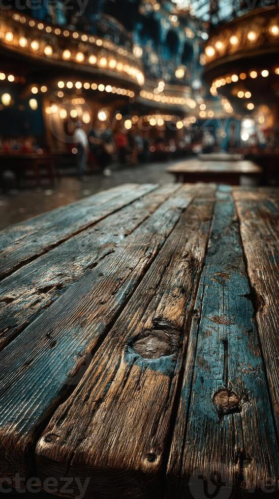 Rustic wooden table in a lively marketplace with atmospheric lighting in the evening photo