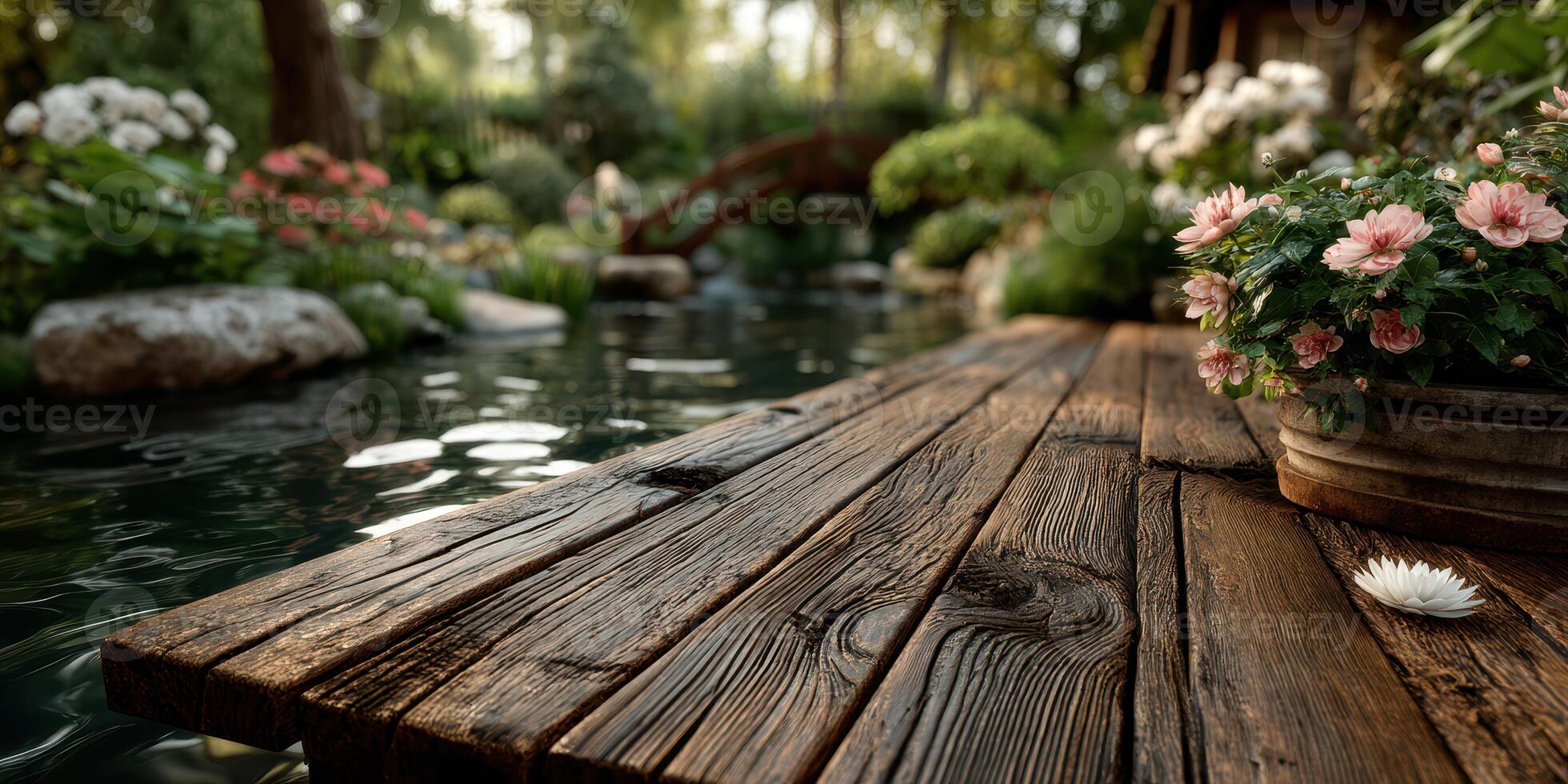 Serene garden pathway with wooden dock and blooming flowers during a sunny afternoon photo
