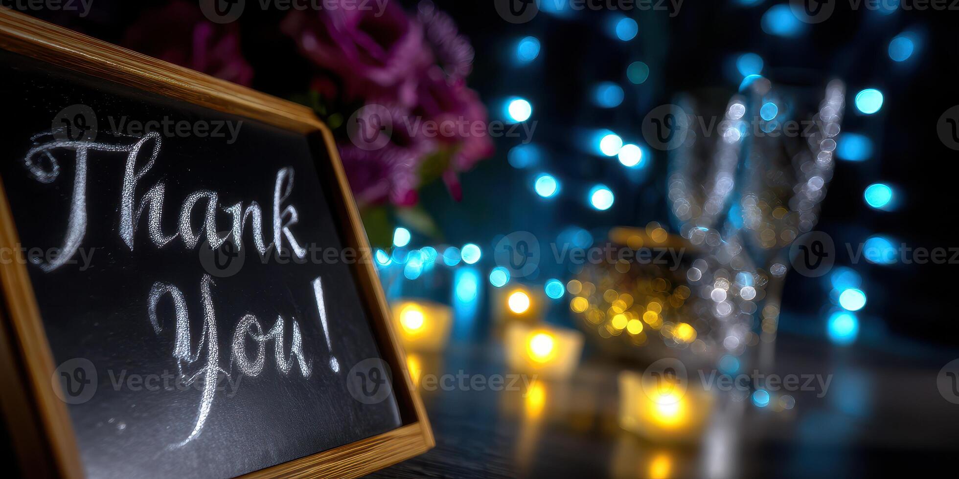 Celebratory gathering featuring thank you sign with decorations and glowing lights during evening event photo
