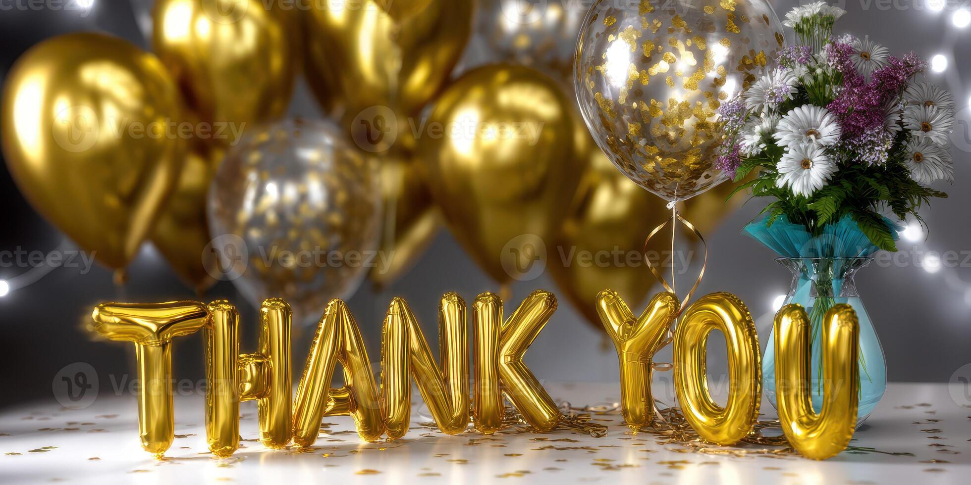 Colorful decorations mark a gratitude celebration with golden balloons and flowers in a festive atmosphere photo