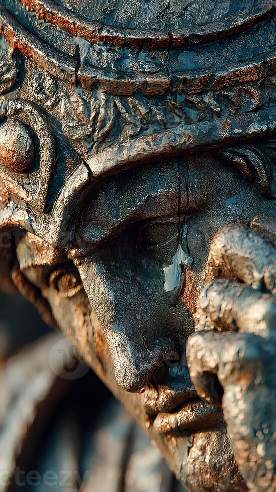 Close-up view of an ancient statue with intricate details, showcasing emotions under warm sunlight in a historic park photo