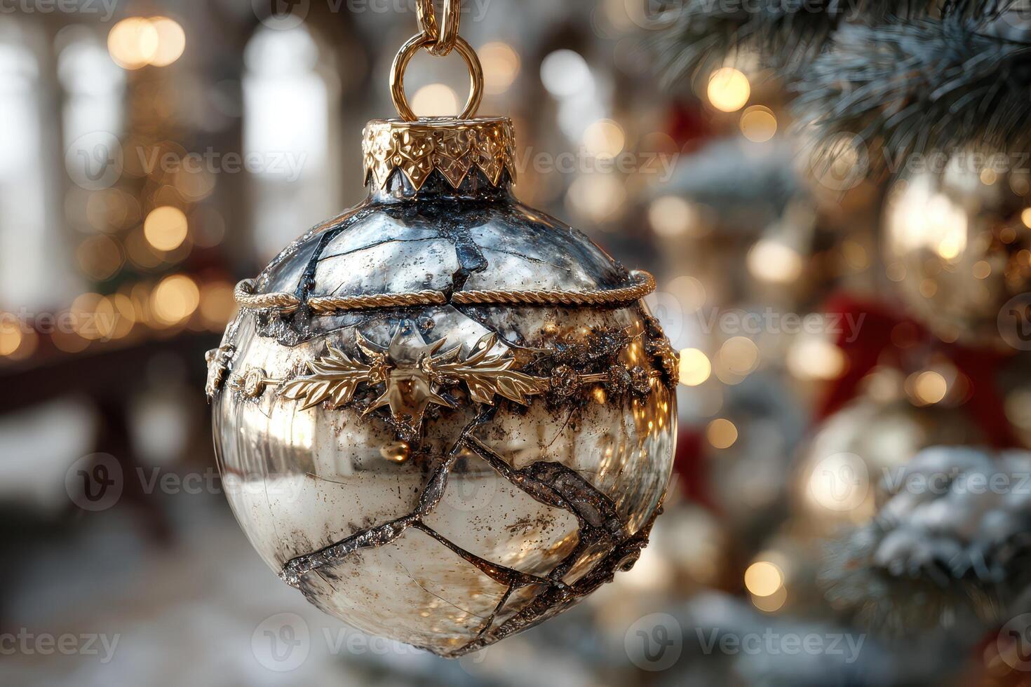 Ornate glass ornament in soft focus against festive background with shimmering lights and holiday decorations photo
