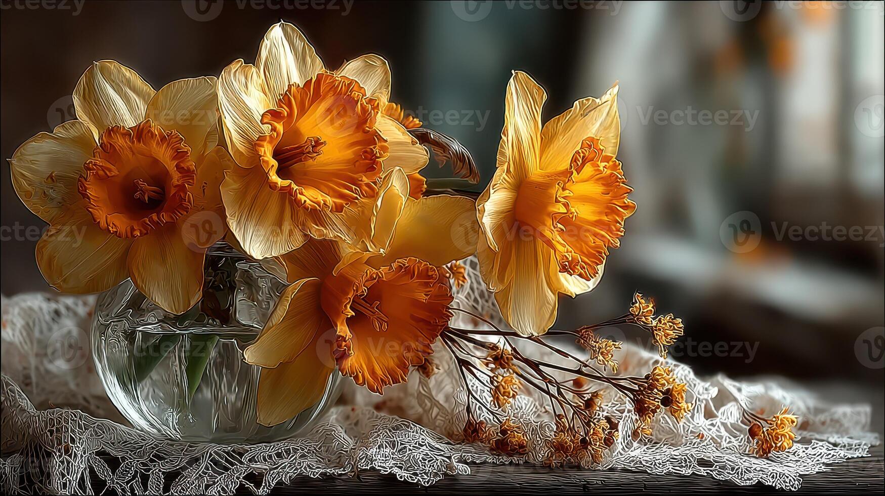 Beautiful bouquet of yellow daffodils in a clear vase on a lace tablecloth during soft afternoon light photo