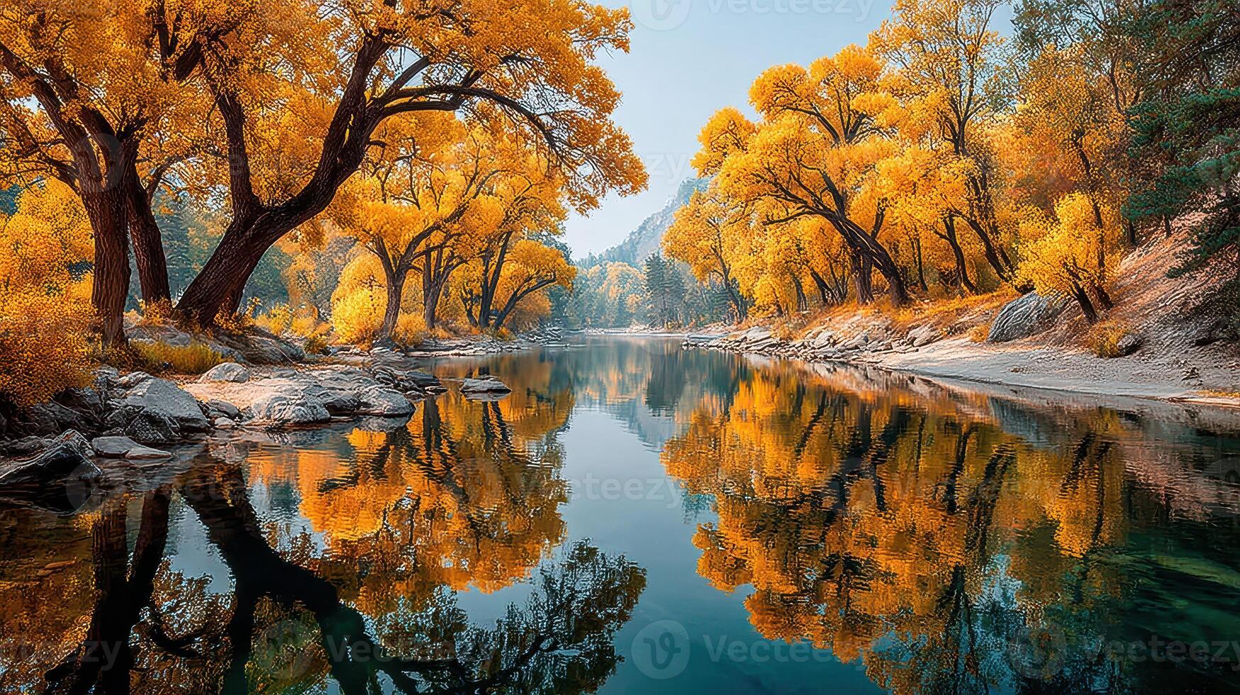 Beautiful autumn landscape with vibrant orange trees reflecting in a calm river at dawn photo