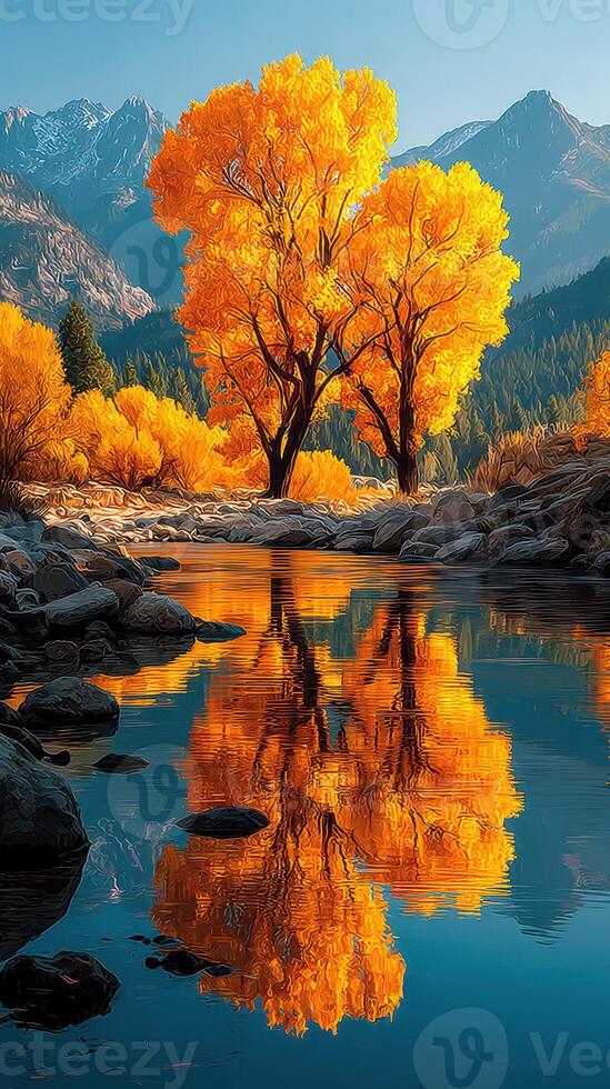 Vibrant autumn trees reflecting on a tranquil river in a picturesque mountain setting photo