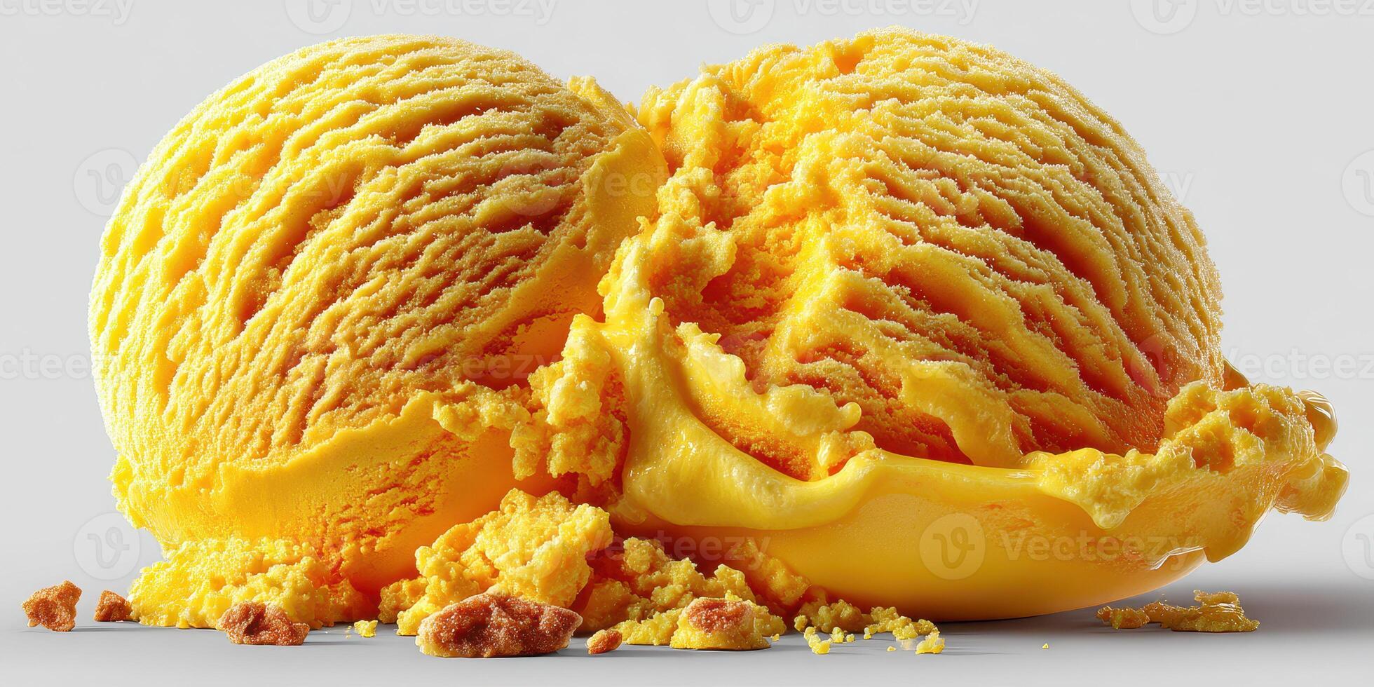 Vibrant yellow ice cream scoops on a plain background showcasing natural textures and creamy consistency photo