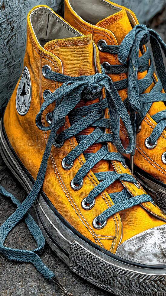 Bright yellow high-top sneakers resting on a textured surface with vibrant blue laces during daylight photo