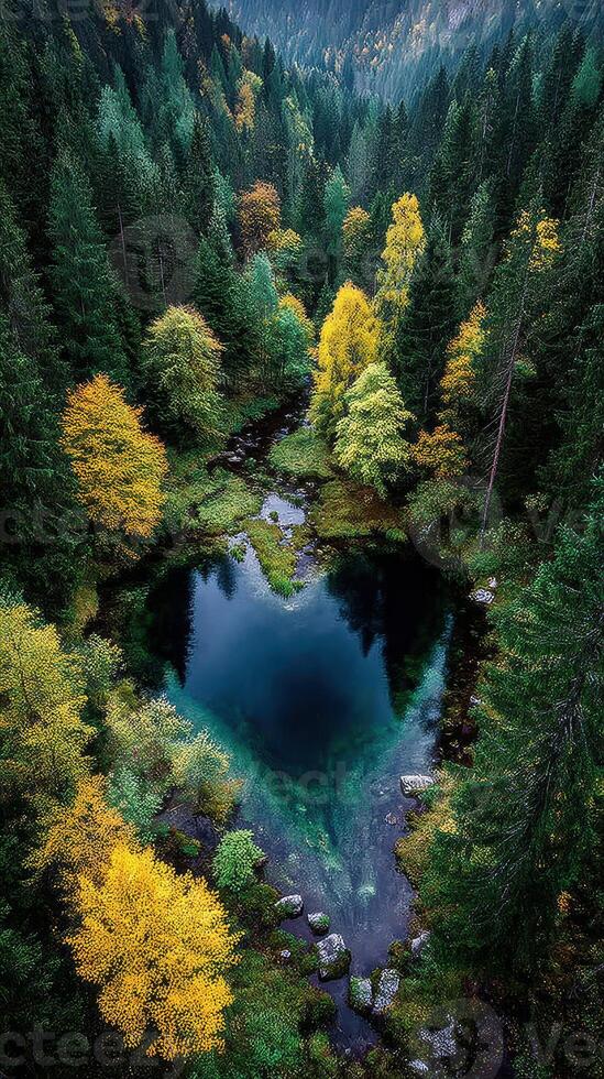 Hidden heart-shaped lake surrounded by vibrant autumn foliage in a serene forest landscape photo