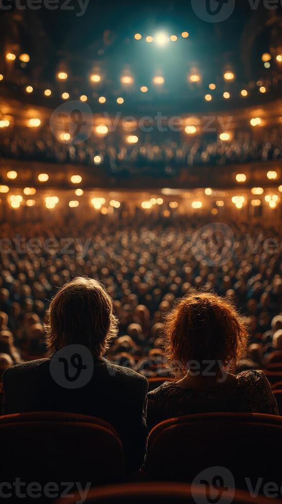 Evening performance at a grand theater with an audience captivated by the show photo