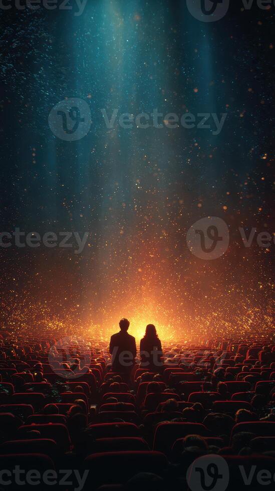 Couple watching a mesmerizing display of lights in an empty theater during a magical evening moment immersed in sparks photo