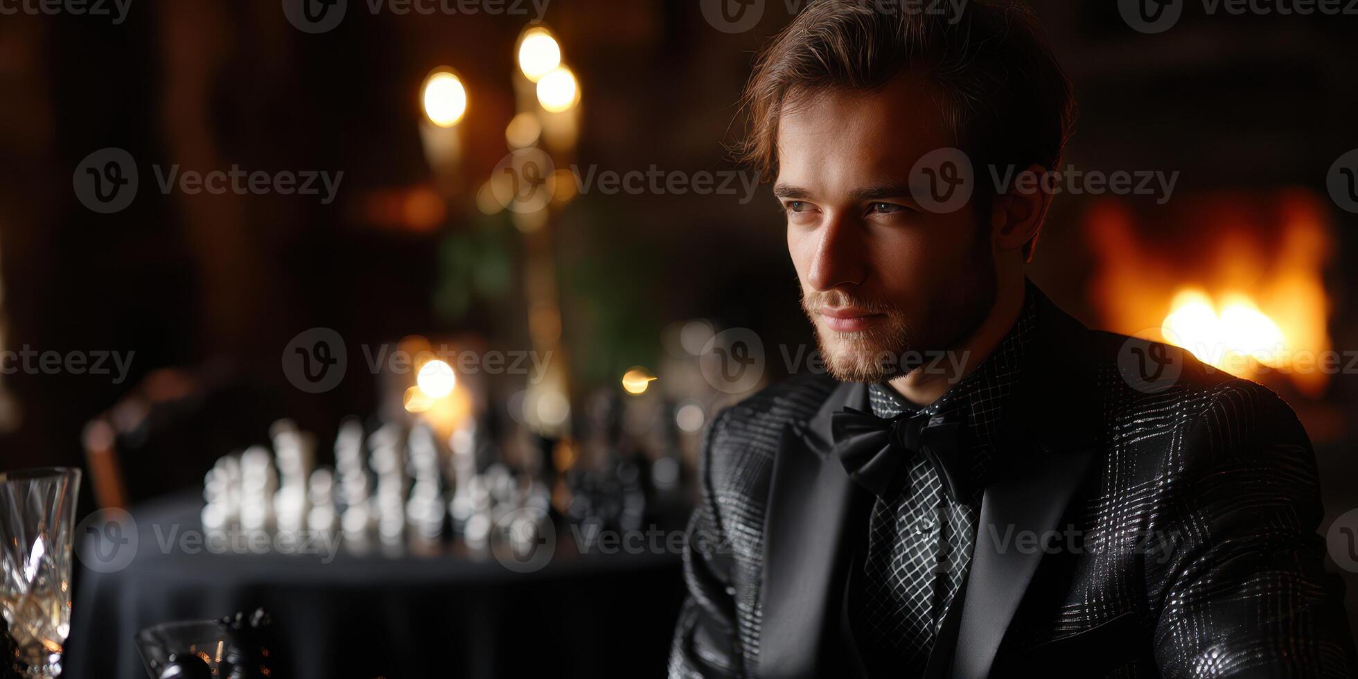 Man in elegant suit engaged in chess strategy during evening gathering by a warm fireplace photo