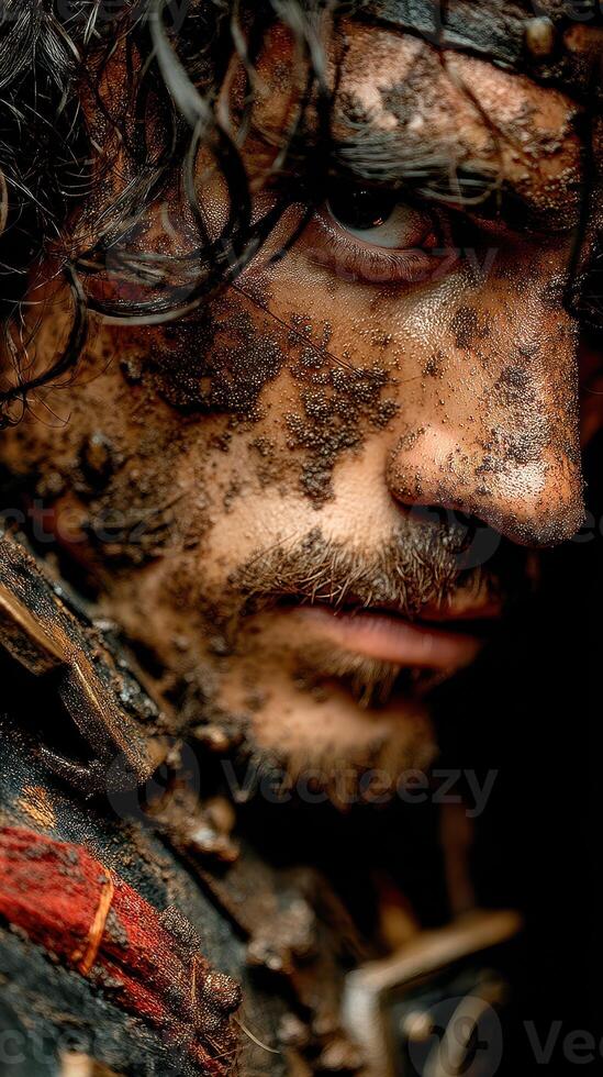 Warrior with dirt and mud on face displays intensity and strength in close-up portrait taken in a dramatic setting photo