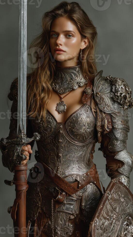 Detailed warrior in ornate armor holds sword and shield in a dramatic pose during a conceptual photoshoot photo
