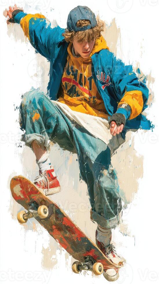 Skateboarder performs a trick in urban park during sunny afternoon showcasing passion for skateboarding and vibrant street culture photo