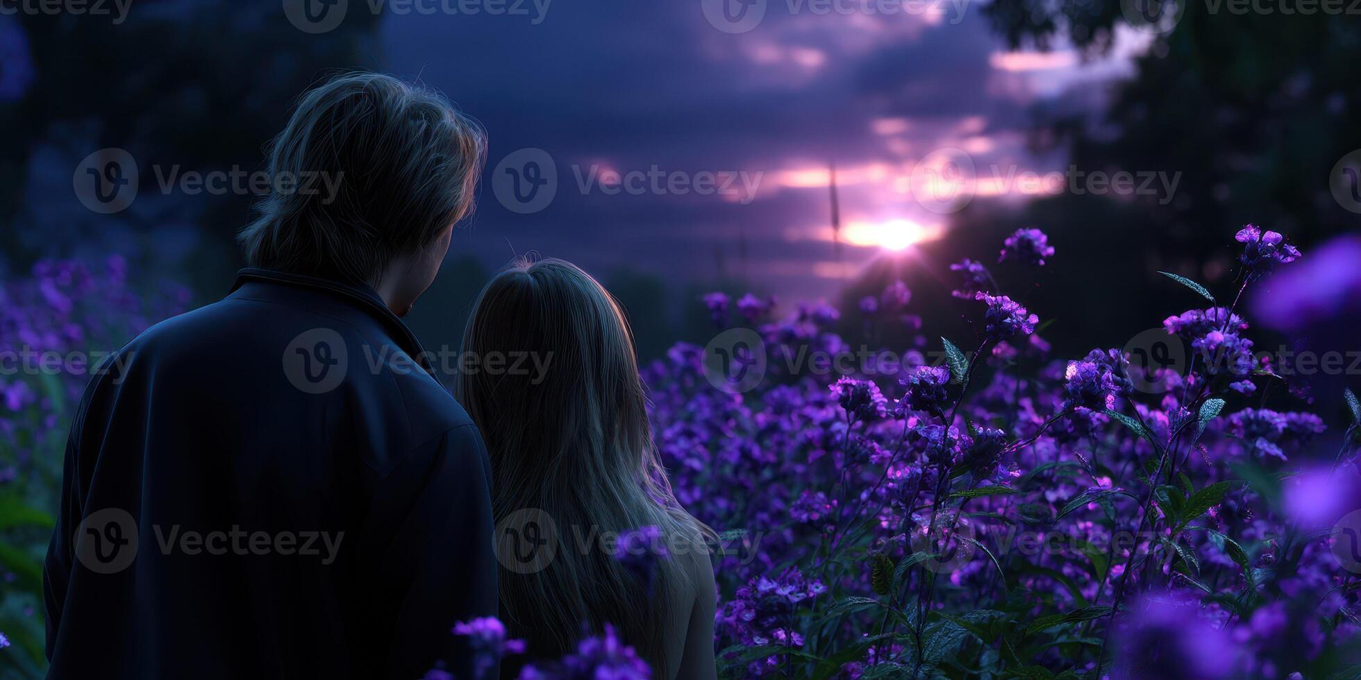 Couple enjoys sunset view surrounded by vibrant purple flowers in a serene landscape photo