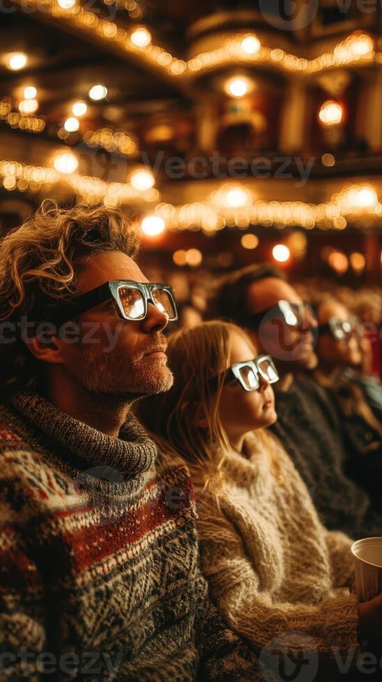 Enthralled audience enjoys a cinematic experience wearing 3D glasses in a vibrant theater during a film screening photo