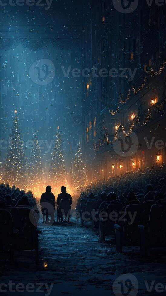 Winter evening gathering in a theater with a warm glow and festive decorations photo
