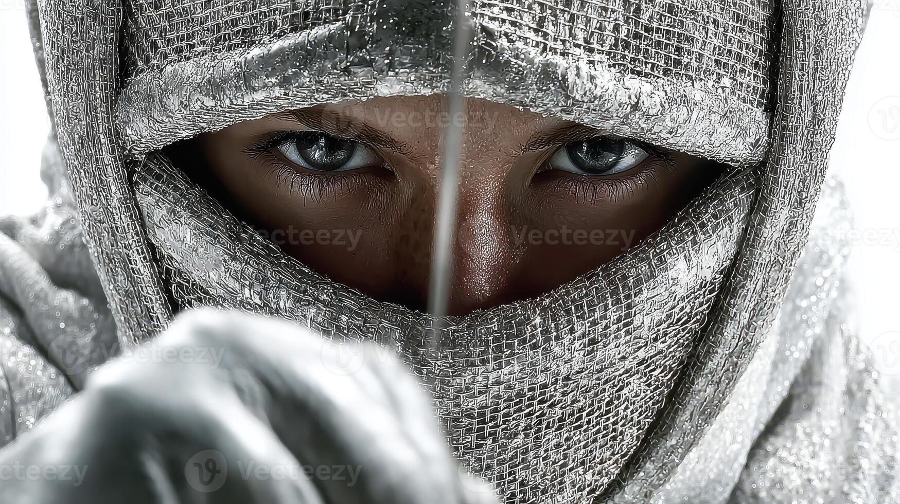 Close-up of a focused warrior preparing for an intense duel in a dramatic silver costume during a twilight setting photo
