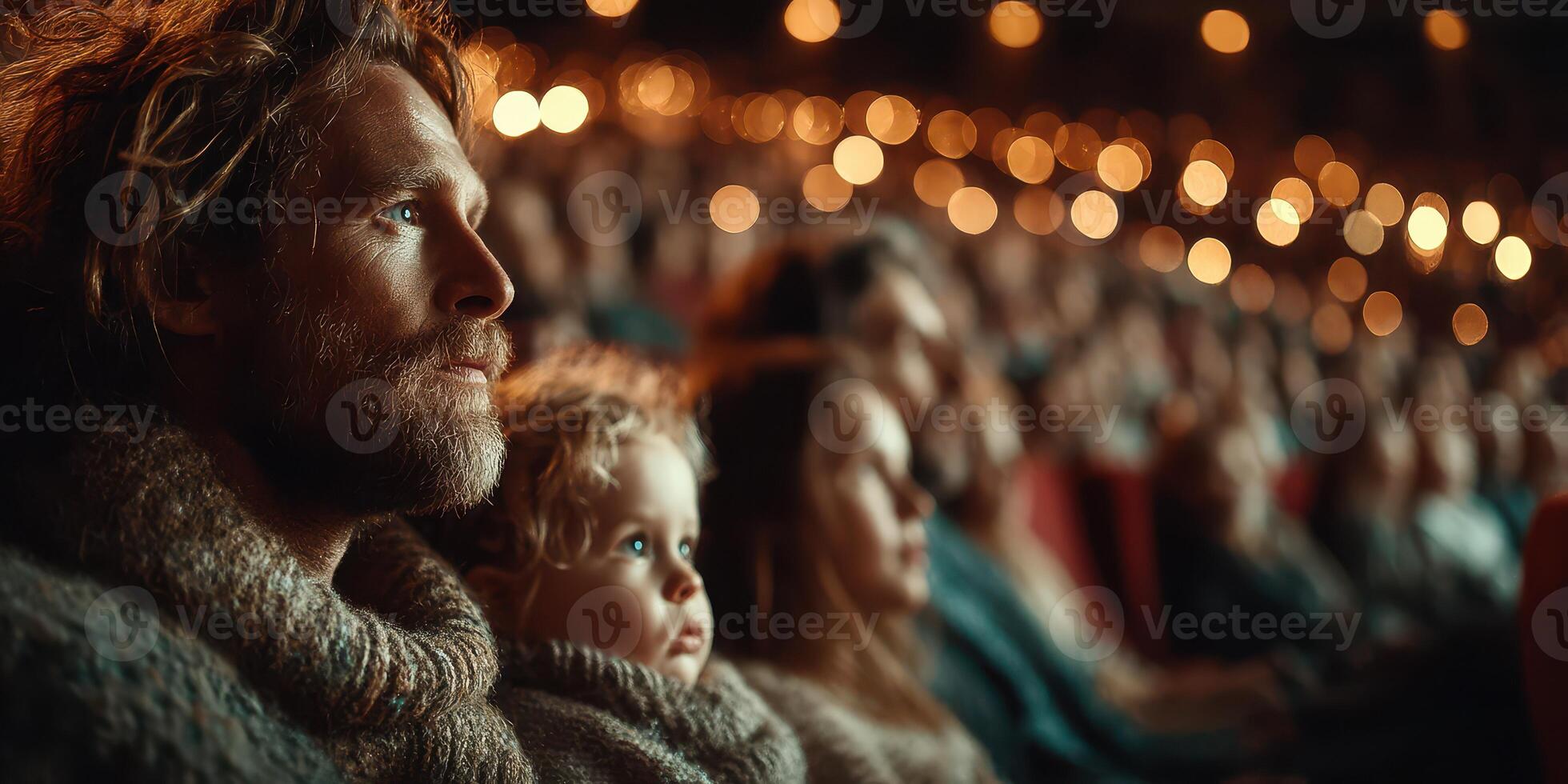 Father and child enjoying a captivating performance in a cozy theater filled with warm lights during an evening event photo