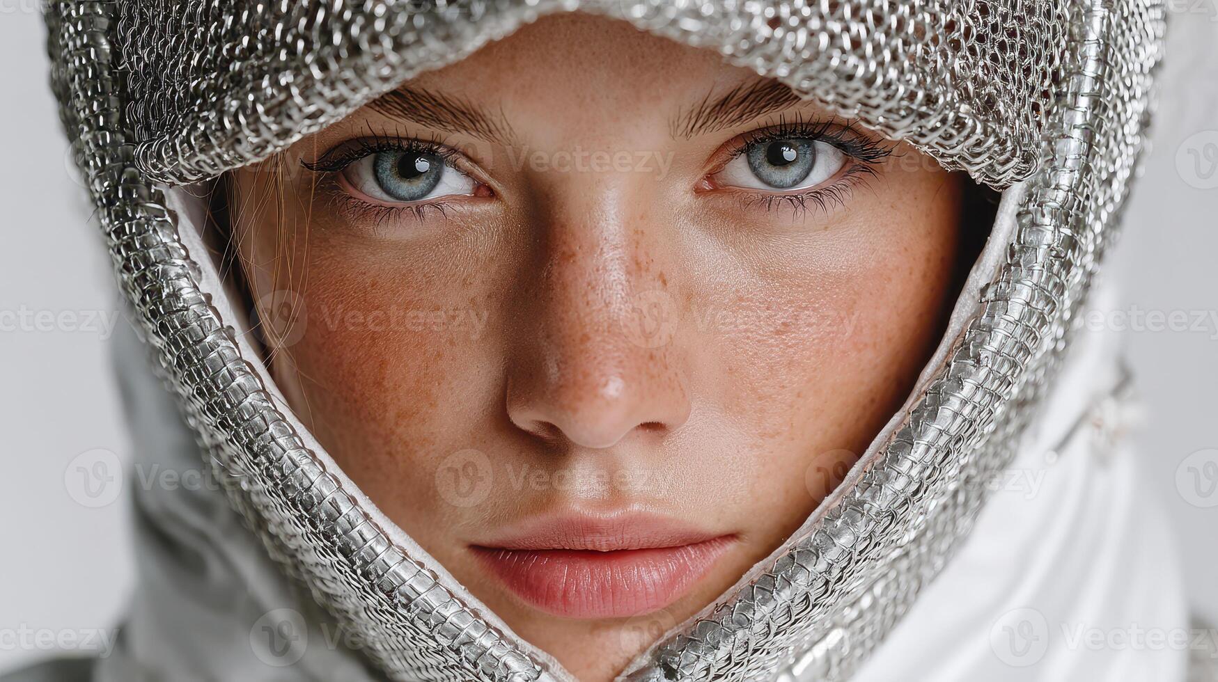 Stunning close-up portrait of a model in silver headwear and striking blue eyes photo