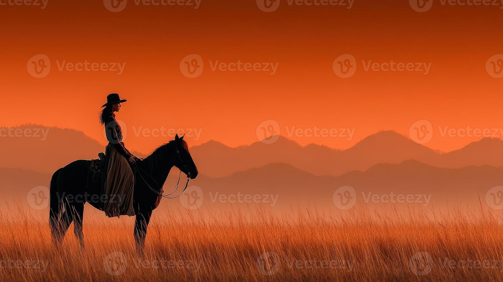 Silhouette of a rider on horseback at sunset with mountains in the background and tall grass photo