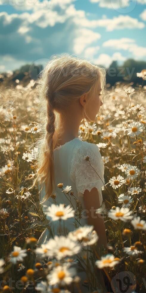 Young girl enjoying a sunny day in a daisy field while wearing a white dress and standing in the warm light of summer photo
