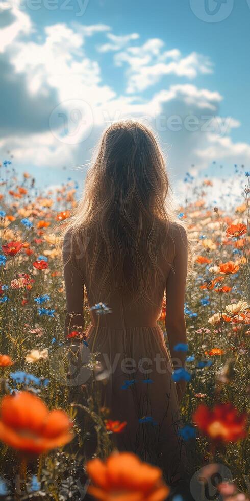 Woman stands in a colorful flower field under a bright sky during a sunny day in springtime photo