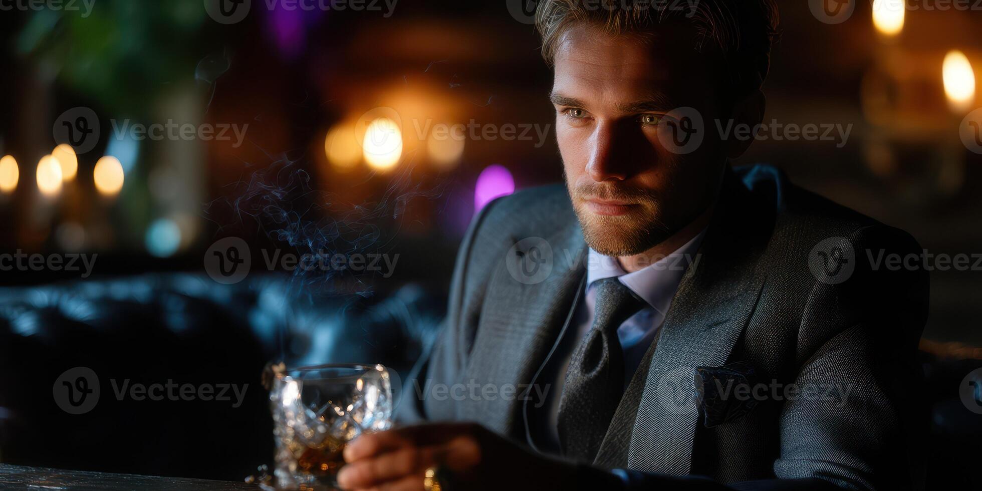 Man in a suit enjoying a drink in a dimly lit upscale lounge during the evening photo