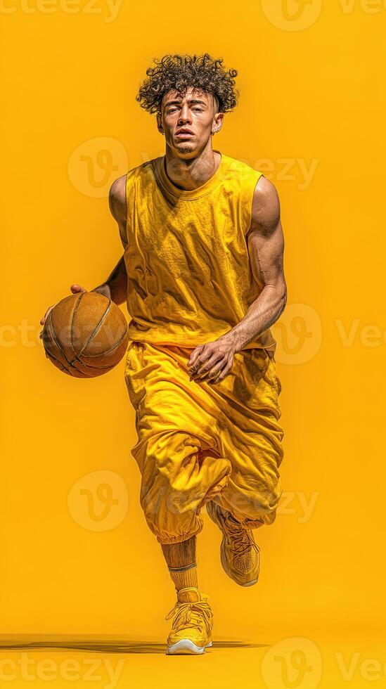 Young basketball player in bright yellow outfit runs with ball against a vibrant yellow background during a dynamic practice session photo