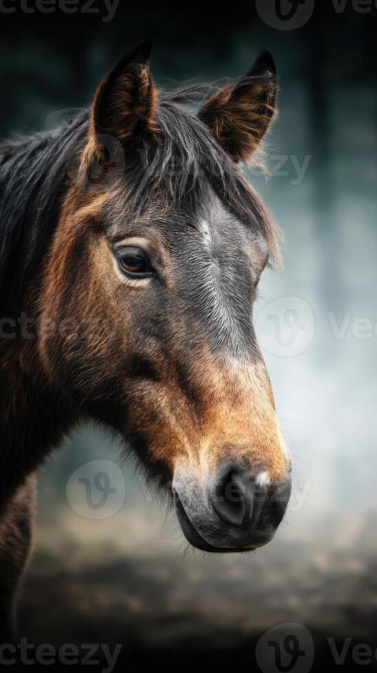 Horse portrait captured in soft light with a calm background highlighting its features in a serene forest setting photo