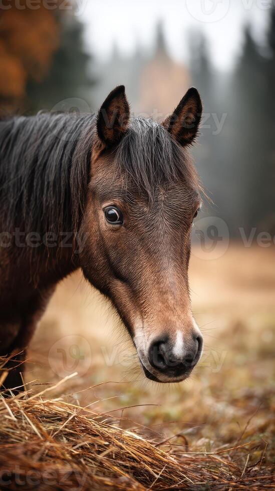 Majestic horse gazing curiously in a serene autumn meadow at dawn surrounded by soft fog and colorful foliage photo