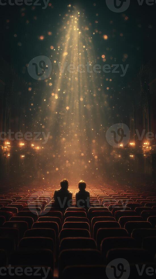 Couple watches the spotlight in an empty theater filled with golden light at an evening performance photo