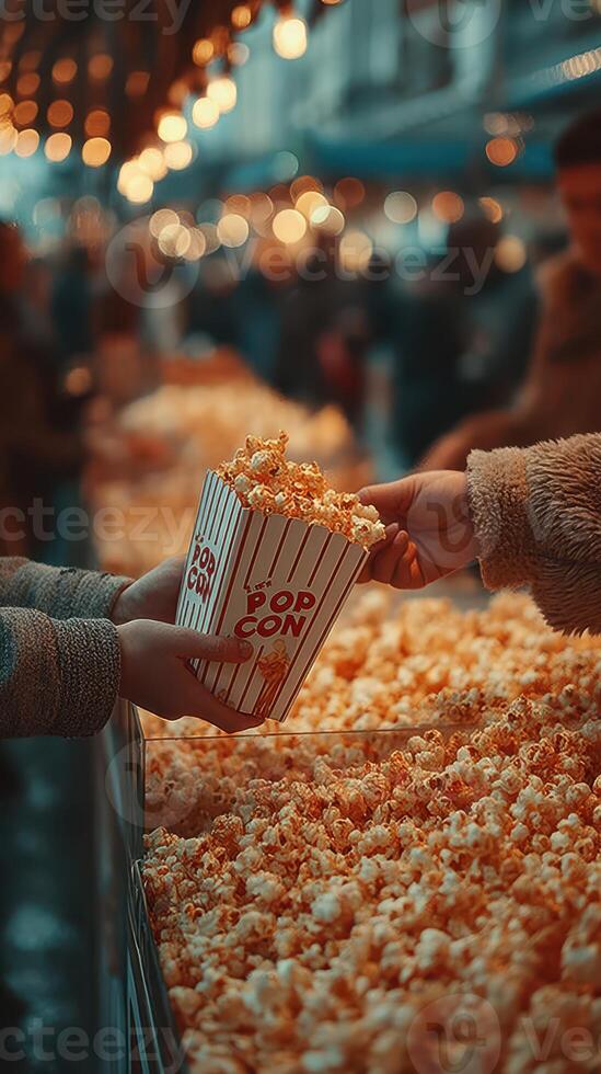 People sharing a large container of popcorn at a festive outdoor market during the evening hours in a vibrant atmosphere photo