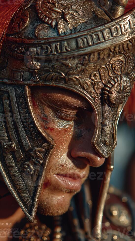 Warrior in detailed armor shows intricate facial expression at a historical reenactment event during sunset photo