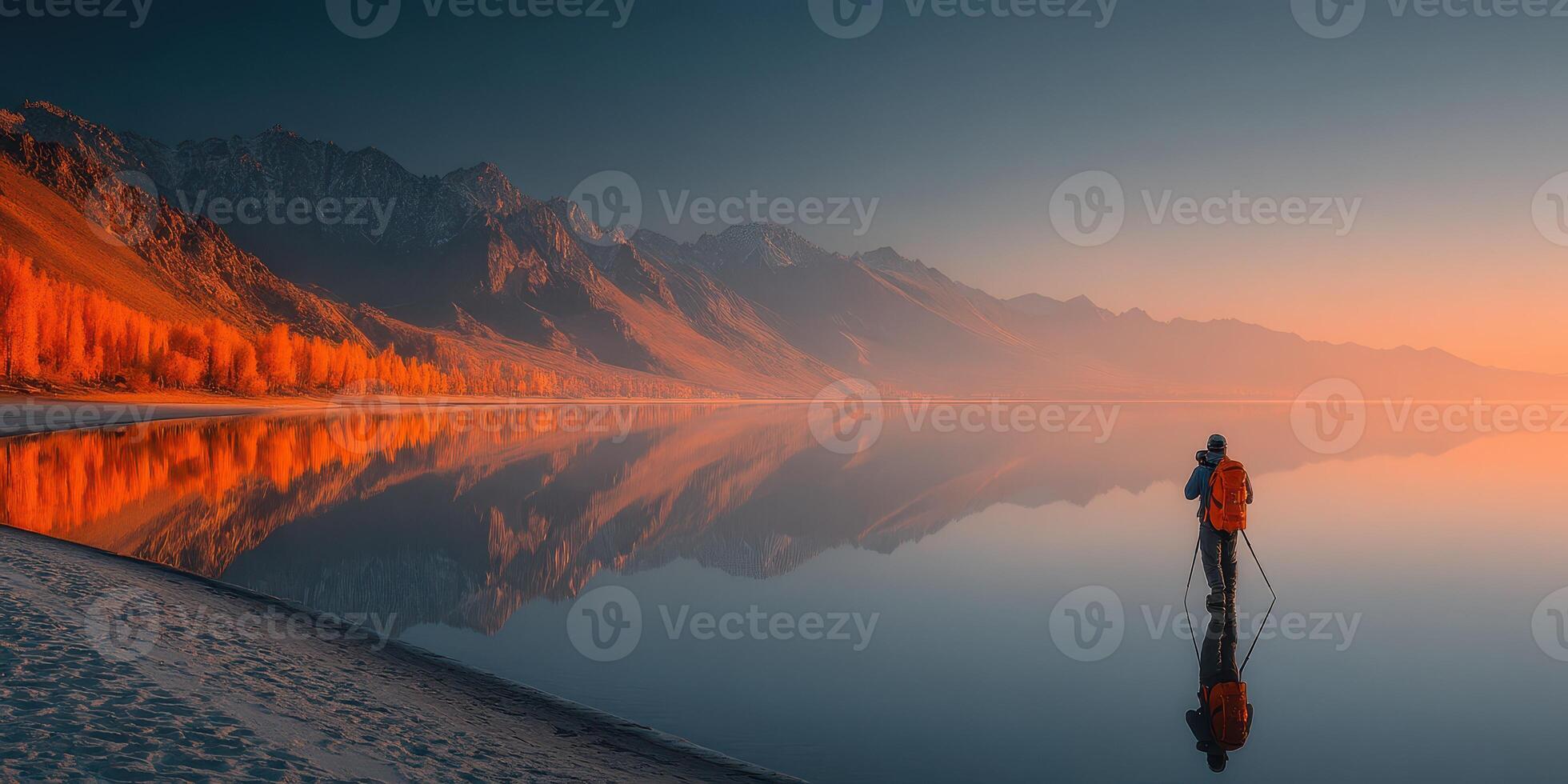 Sunrise over tranquil lake with photographer capturing reflections in serene landscape photo