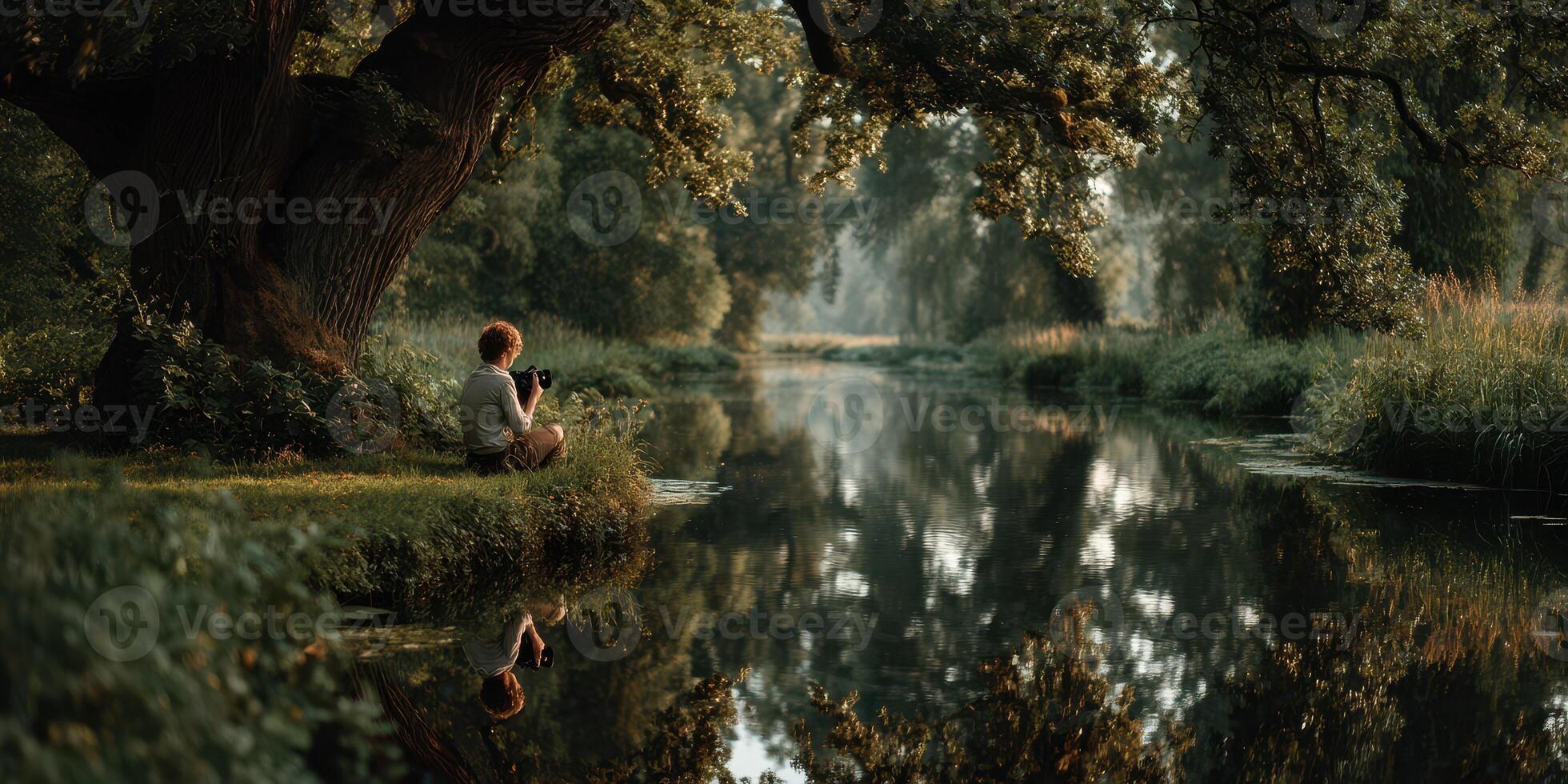 Person enjoying nature while capturing reflections by a calm river in the early morning light photo