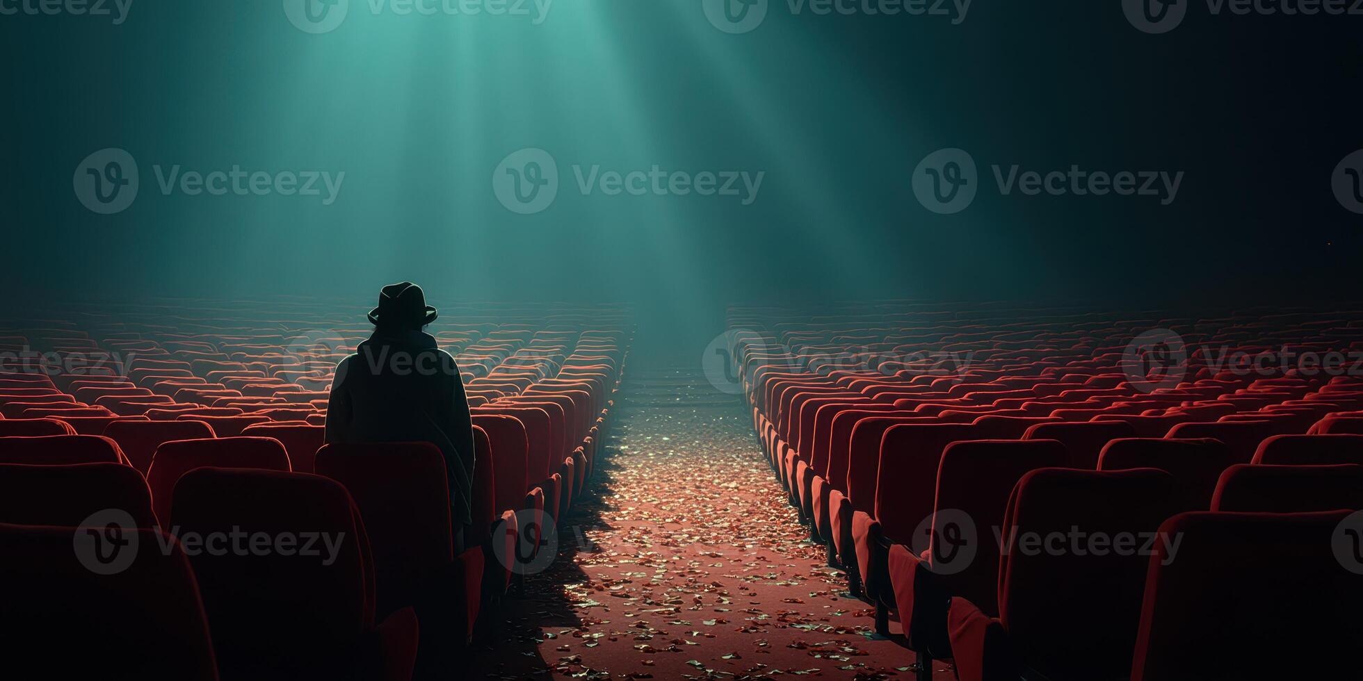 Empty theater with lone figure amidst red seats illuminated by beams of light photo