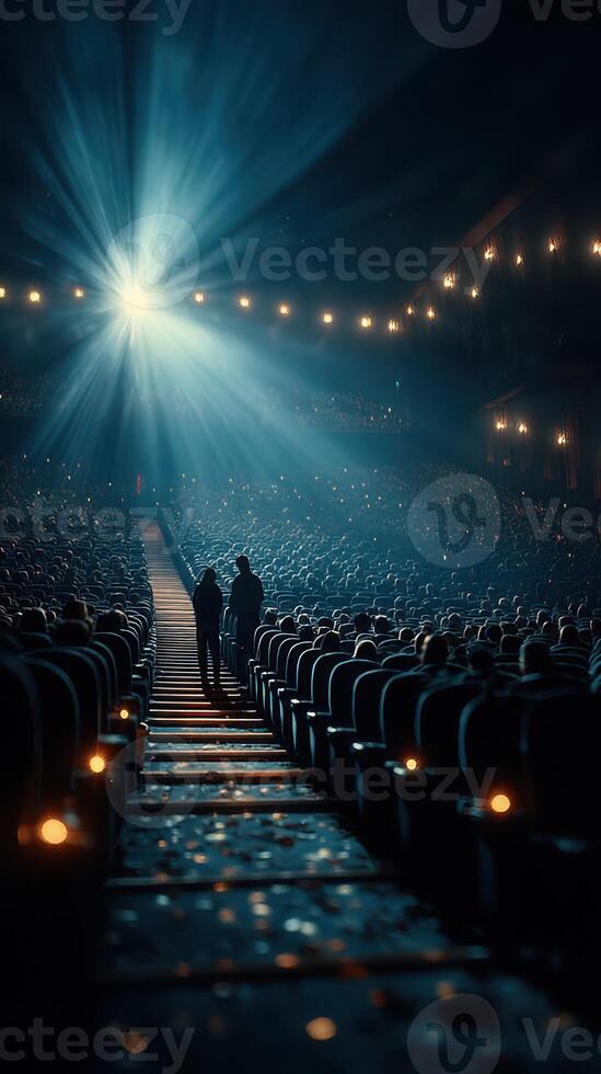 Crowd gathered in a theater during a dramatic moment with light beams illuminating the space and creating an engaging atmosphere photo
