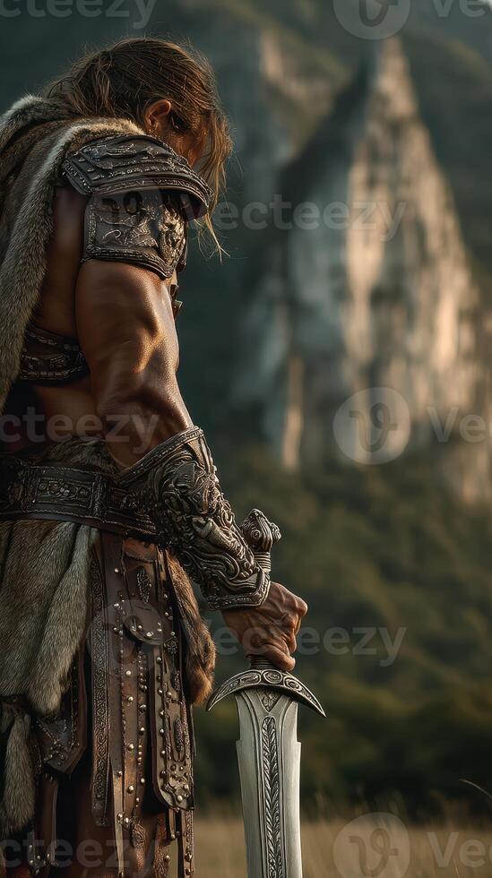 Strong warrior ready for battle with sword in hand against majestic mountain backdrop at sunset photo
