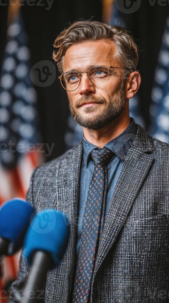 Man with glasses stands confidently at a podium in front of American flags during a press event in the evening photo