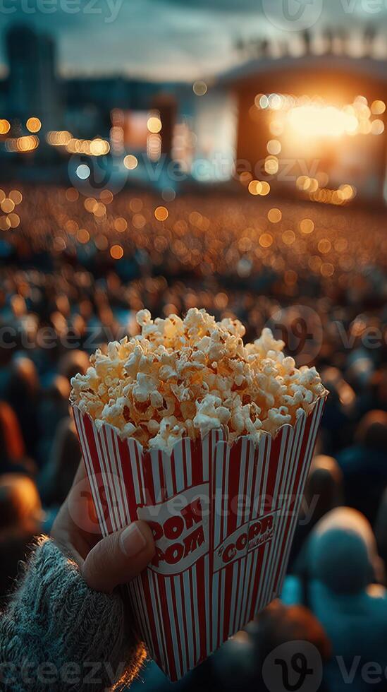 Enjoying popcorn while watching an outdoor concert at sunset with a lively crowd in the background photo