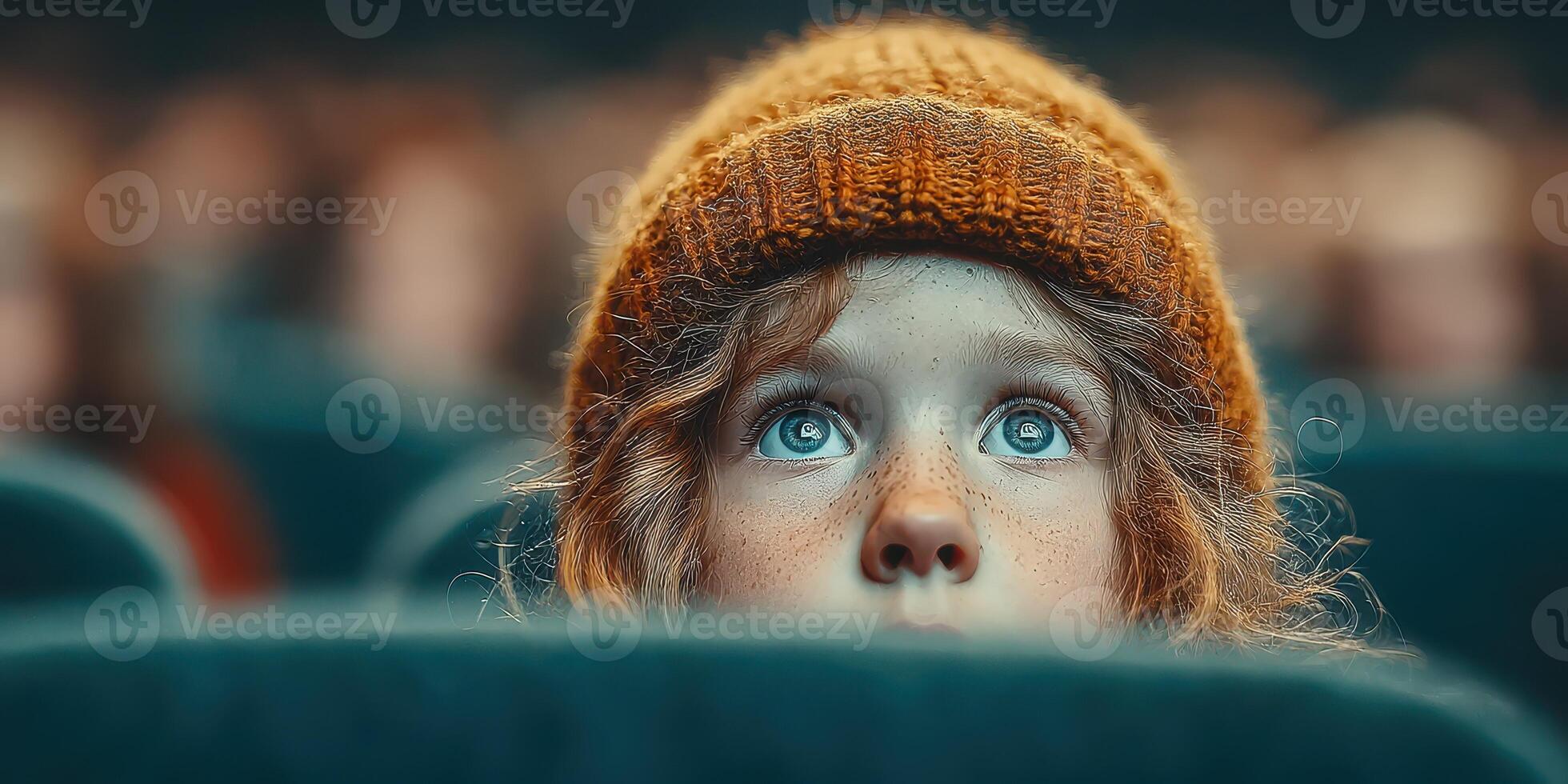 Child in orange hat captivated by performance in theater during evening show with attentive audience photo