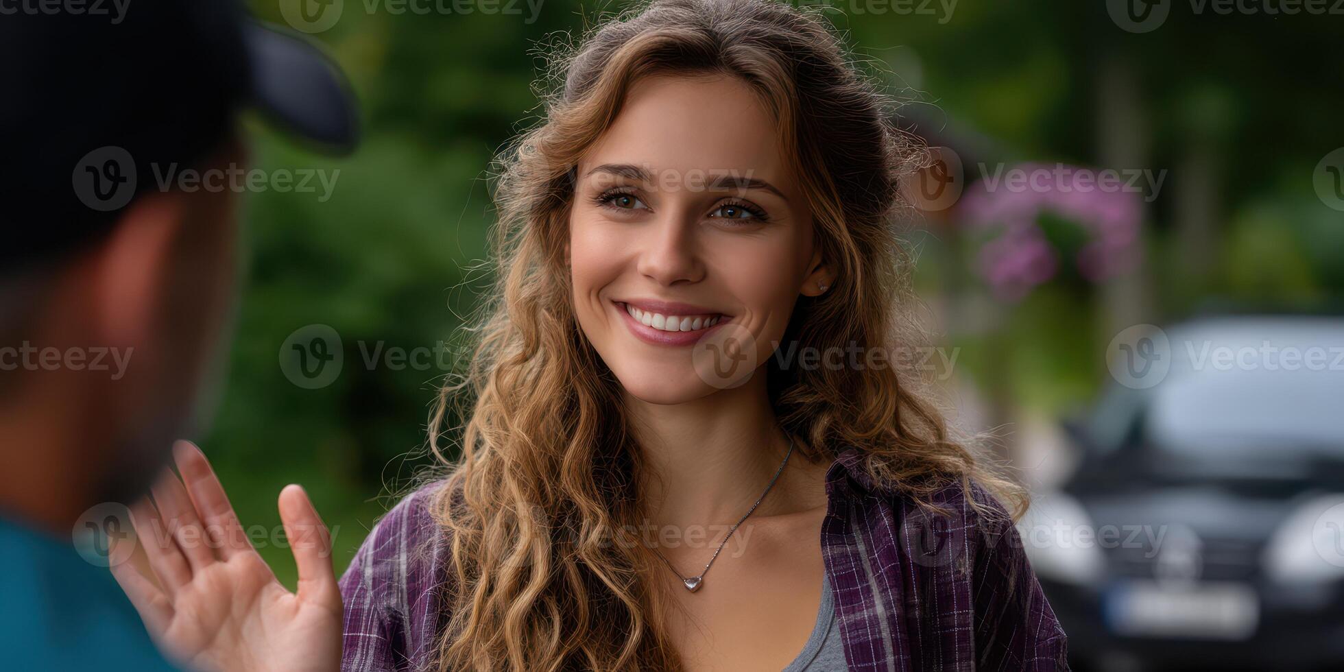 Young woman smiles while engaging in conversation outdoors on a sunny day in a natural setting photo