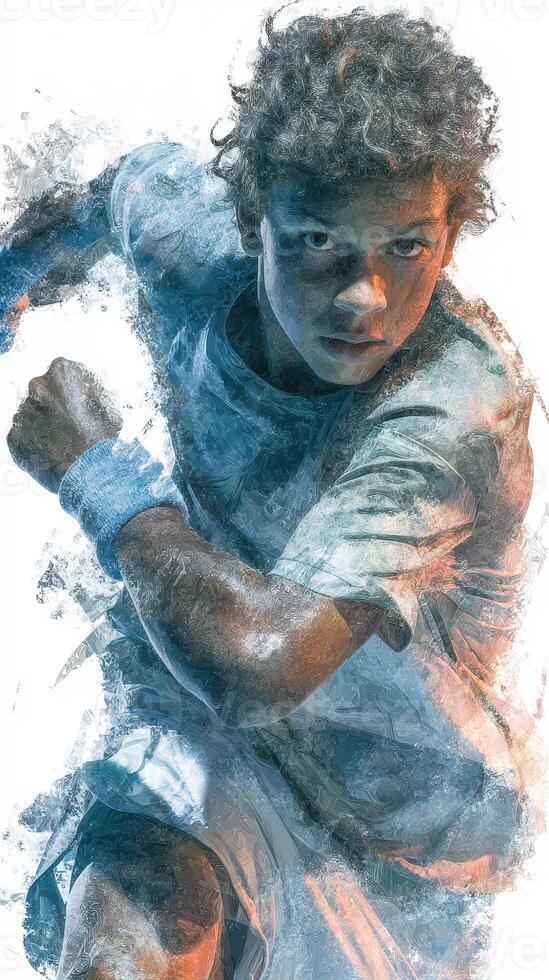 Young athlete running swiftly on a tennis court during an intense match in bright daylight with determination on his face photo