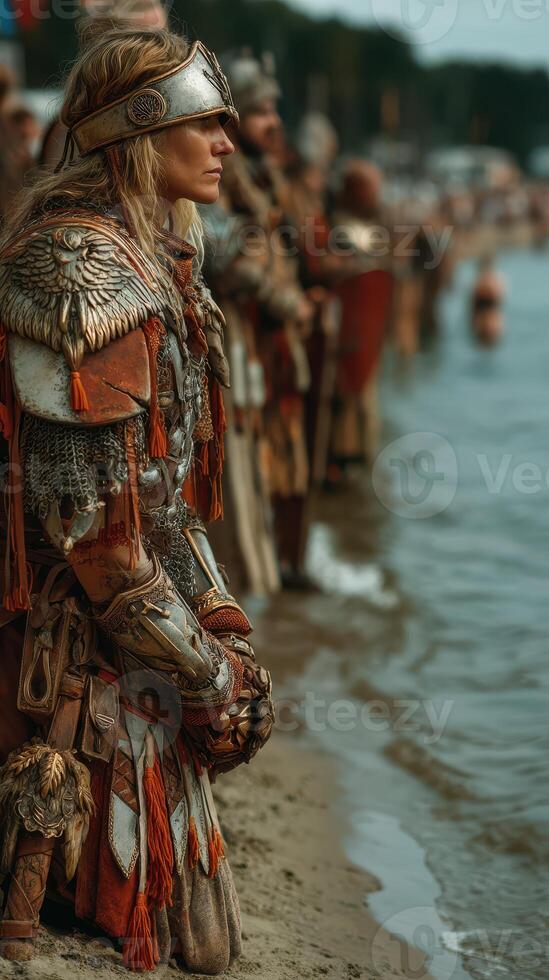Warriors prepare for battle at the shoreline during a historical reenactment event in the late afternoon photo