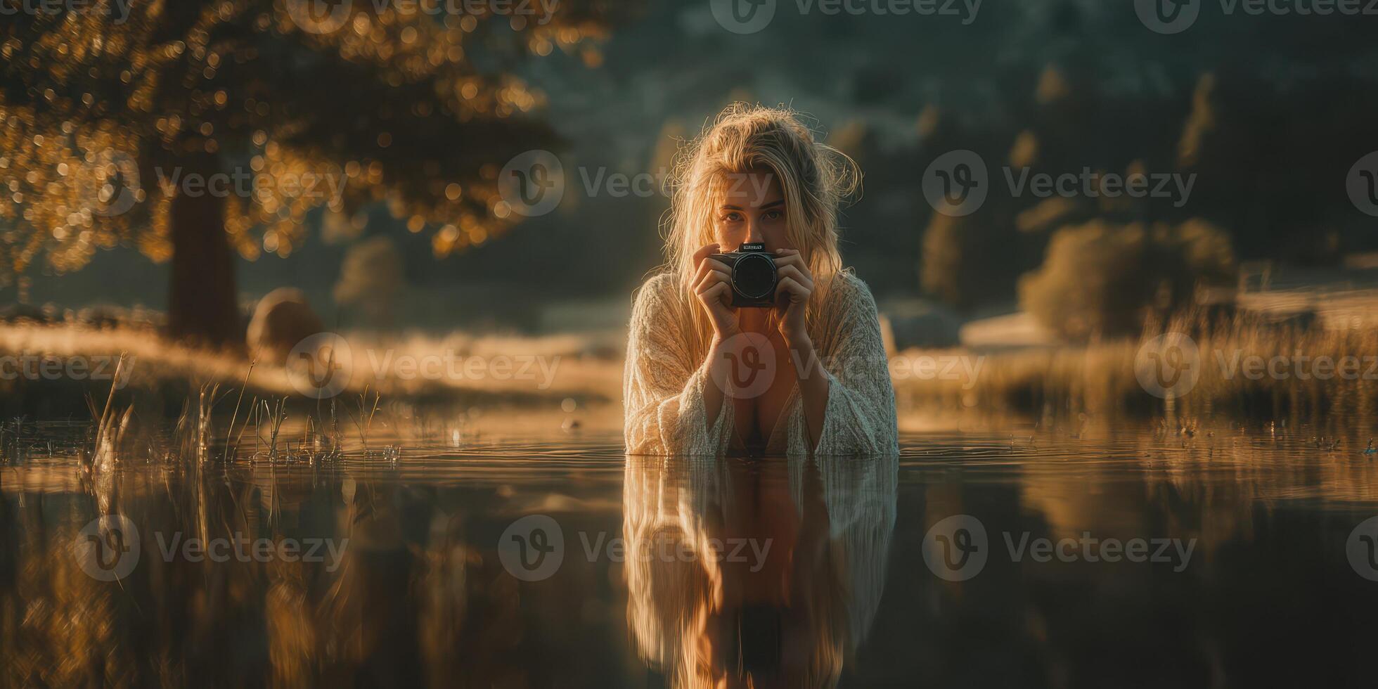 Woman in shallow water holding camera during golden hour in peaceful natural setting near trees photo