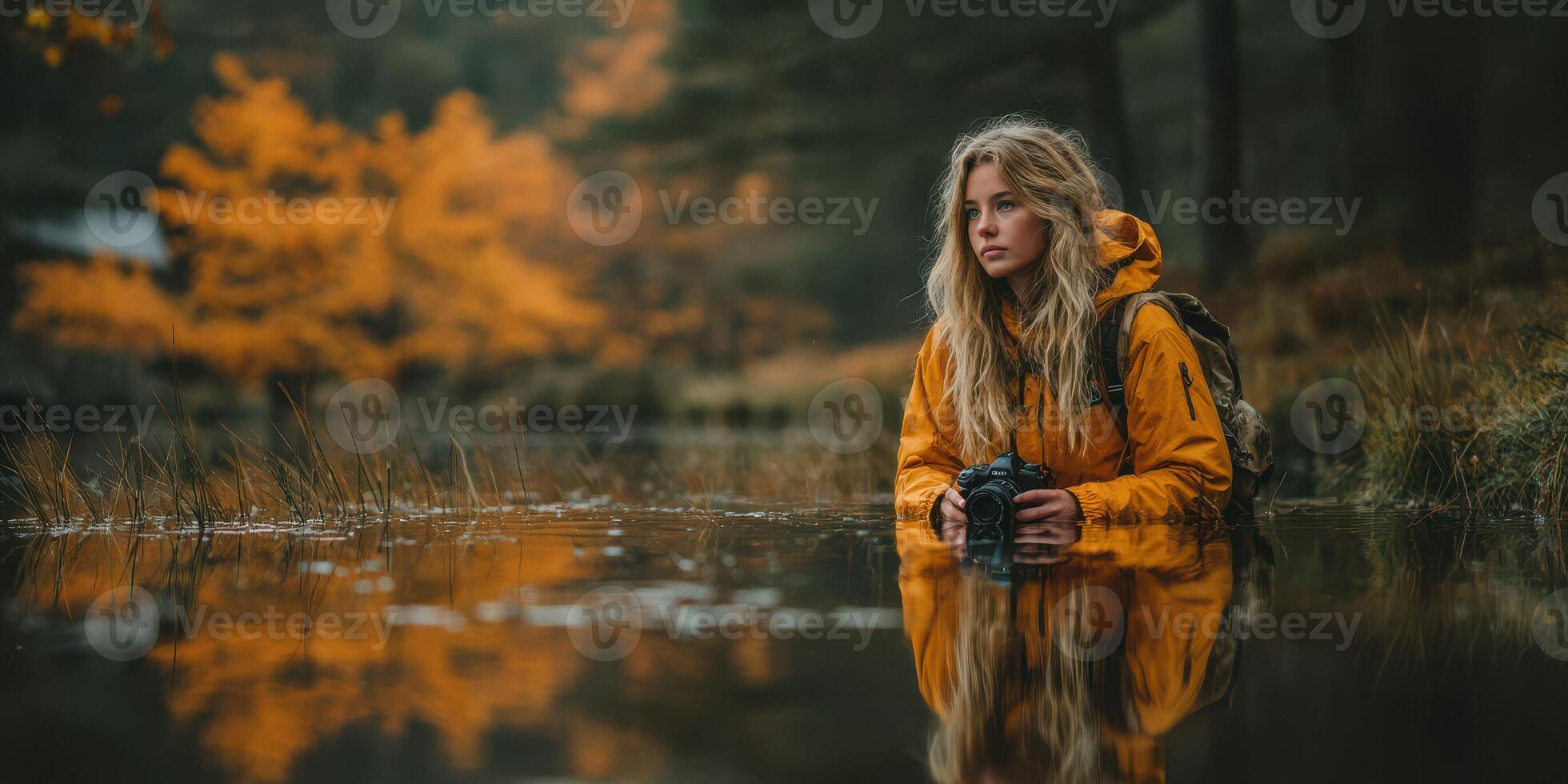 Exploring the wilderness in autumn with a camera by the tranquil lake among vibrant orange foliage photo