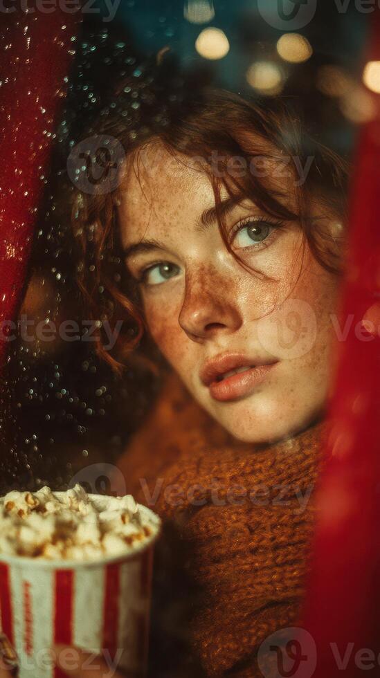 Young woman enjoying popcorn while looking through a window during a rainy evening photo